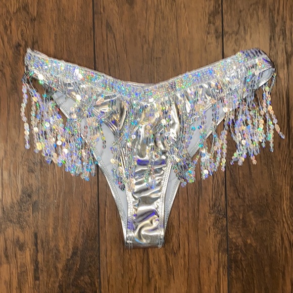 None Other - Silver Metallic & Sequin Fringe Rave Bikini Bottoms
